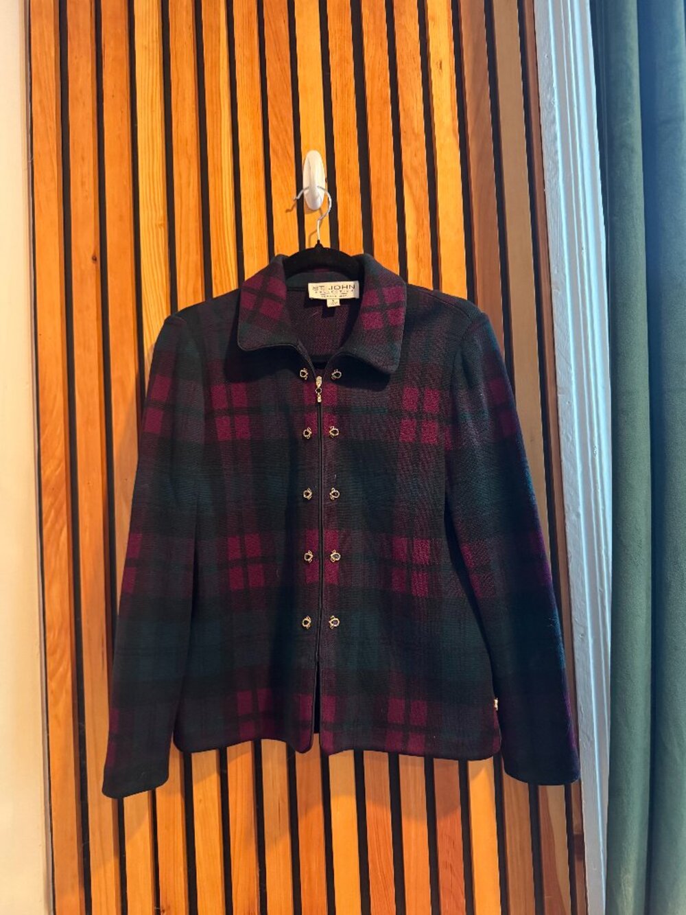 Vintage St. John Collection Marie Gray Plaid Santana Knit Zip Jacket - Size 4